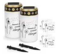 Lot de 2 lampes solaires LED pour tombes, lampes solaires d'extérieur pour tombes, bougies funéraires extérieures étanches avec détecteur crépusculaire LED, piquets de fixation et 4 autocollants