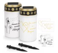 Lot de 2 lampes solaires LED pour tombes, lampes solaires d'extérieur pour tombes, bougies funéraires extérieures étanches avec détecteur crépusculaire LED, piquets de fixation et 4 autocollants