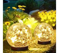 Lot de 2 lampes solaires sphériques d'extérieur en verre craquelé étanches, adaptées pour extérieur, cour, jardin, chemin, éclairage longue durée