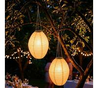 Lot de 2 lampions solaires à LED ovales 33 x 22 cm en nylon - Éclairage décoratif de jardin blanc chaud - Lampe solaire lanterne boule lumineuse lampe décorative pour l'extérieur Résistant aux