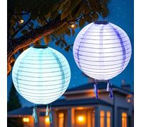 Lot de 2 lampions solaires d'extérieur résistants aux intempéries - 25 cm - Lanternes solaires d'extérieur pour l'extérieur - Blanc chaud - Lanternes de jardin suspendues pour jardin, balcon, cour (D)