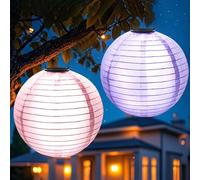 Lot de 2 lampions solaires d'extérieur résistants aux intempéries - 25 cm - Pour l'extérieur - Lampions solaires d'extérieur à suspendre - Étanche - Pour jardin, terrasse, mariage - Bleu + violet A