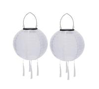 Lot de 2 lampions solaires d'extérieur résistants aux intempéries - Lampion solaire à LED - Étanche - Avec pompon - Lampes solaires à suspendre - En papier - 20 cm - Blanc