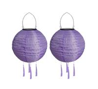 Lot de 2 lampions solaires d'extérieur résistants aux intempéries - Lampion solaire à LED - Étanche - Avec pompon - Lampes solaires à suspendre - En papier - 20 cm - Violet