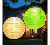 Lot de 2 lampions solaires d'extérieur résistants aux intempéries - LED - Étanche - Multicolore - 25 cm - Pour suspendre en extérieur - Amovibles - Pour jardin, cour, terrasse (vert + orange)