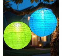 Lot de 2 lampions solaires d'extérieur résistants aux intempéries - LED - Étanche - Multicolore - 25 cm - Pour suspendre en extérieur - Amovibles - Pour jardin, cour, terrasse (vert + bleu)