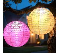 Lot de 2 lampions solaires d'extérieur résistants aux intempéries - LED - Étanche - Multicolore - 25 cm - Pour suspendre en extérieur - Amovibles - Pour jardin, cour, terrasse (orange + rouge)