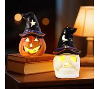 Lot de 2 lanternes décoratives d'Halloween - Citrouille - Squelette LED - Avec bougie LED - Lanterne lumineuse en céramique pour décoration intérieure et extérieure - Décoration de table d'Halloween