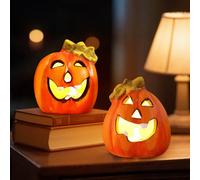 Lot de 2 lanternes décoratives d'Halloween - Citrouille - Squelette LED - Avec bougie LED - Lanterne lumineuse en céramique - Pour décoration intérieure et extérieure - Décoration de table d'halloween
