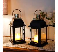Lot de 2 lanternes décoratives en verre trempé - 25 cm de haut - Noir - Lanternes vintage avec verre trempé - Pour la maison, la table, la terrasse, le mariage (bougie