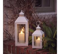 Lights4fun Lot de 2 Lanternes en Métal Blanc de 40 cm et 26 cm avec Bougies LED TruGlow® à Flamme Vacillante à Piles avec Minuterie Résistantes aux Intempéries Décoration Jardin Balcon Extérieur