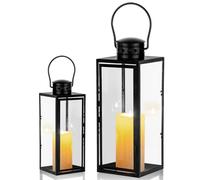 Lot de 2 Lanternes pour Bougies (24 + 35 cm de Haut) - Lanternes de Jardin en métal pour l'extérieur - Grand photophore - Lanterne funéraire - Lanterne en Verre - Décoration de Noël - Noir