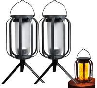 Lot de 2 lanternes solaires d'extérieur avec 4 modes, flamme vacillante étanche, avec trépied, capteur marche/arrêt automatique, pour jardin et cour
