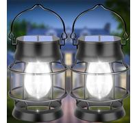 Lot de 2 lanternes solaires d'extérieur étanches en métal à suspendre pour lanternes extérieures décoratives pour terrasse, porche, jardin, pelouse, blanc froid