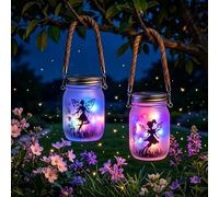 Lot de 2 Lanternes Solaires LED Extérieures Fée, IP65 Étanche Lampe Solaire de Jardin Mason Jar, Lumiere Solaire Exterieur Suspendue pour Patio Terrasse Pelouse Balcon Décoration (Coloré)
