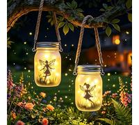 Lot de 2 Lanternes Solaires LED Extérieures Fée, IP65 Étanche Lampe Solaire de Jardin Mason Jar, Lumiere Solaire Exterieur Suspendue pour Patio Terrasse Pelouse Balcon Décoration (Blanc Chaud)