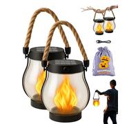 Lot de 2 lanternes solaires officielles d'extérieur avec flamme dansante, corde de chanvre étanche, lampes solaires vacillantes à suspendre avec deux modes de charge de l'énergie solaire et USB pour