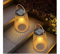 Lot de 2 lanternes solaires pour éclairage extérieur - 14,2 x 18,5 cm - Lanternes solaires rondes en rotin - Idéales pour le