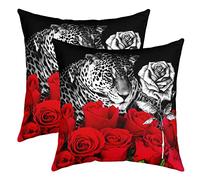 Lot De 2 Leopard Taie d'oreiller 50x50cm Guépard Rose Fleurs Imprimer Housse Coussin pour Maison Le Salon Taie Oreiller Réversible Wild Animaux Botanique Fleurs Rouge Gris Housse de Coussin