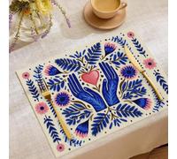 Lot de 2 Lin et Coton Art Populaire Bohême Sets de Table, 45x30cm | Lavables et Antidérapants Dessous de Table, Mains Bleues Cœurs Rouges Fleurs Décoratifs pour Cuisine et Salle à Manger