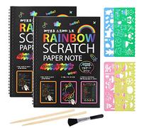 Lot de 2 livres d'art à gratter arc-en-ciel pour enfants, papier à gratter noir avec 2 stylets en bois, brosse de nettoyage et 4 pochoirs à dessin