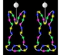 Lot de 2 lumières de fenêtre en Forme Lapin Pâques, décorations Pâques à LED colorées avec Cadre en Fer, Lampe Lapin intérieure/extérieure à Piles pour la Maison