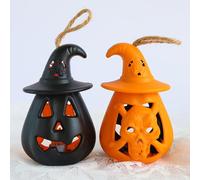 Lot de 2 lumières d'Halloween en forme de citrouille - Décoration à DEL fantôme et citrouille avec plusieurs modes d'éclairage pour fête intérieure, cheminée et porche (orange/noir) - Jolie décoration