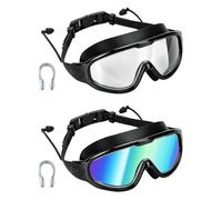 Lot de 2 lunettes de natation anti-buée pour adulte - Protection UV - Large vue - Pas de fuite - HD - Avec pince-nez et bouchons d'oreilles - Pour femmes, hommes, jeunes, adolescents, enfants