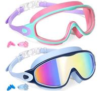 Lot de 2 lunettes de natation pour enfants de 4 à 14 ans | Anti-buée, protection UV, anti-fuite pour garçons et filles avec sangles réglables en silicone et pince-nez/bouchons d'oreilles en bonus