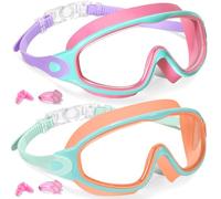 Lot de 2 lunettes de natation pour enfants de 4 à 14 ans | Anti-buée, protection UV, anti-fuite pour garçons et filles avec sangles réglables en silicone et pince-nez/bouchons d'oreilles en bonus