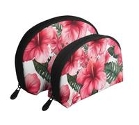 Lot de 2 magnifiques trousses de maquillage de voyage avec imprimé fleurs d'hibiscus pour femmes et filles, blanc, Taille unique, Trousse de maquillage