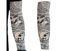 Lot de 2 manchons de tatouage élastiques en nylon - Tête de mort - Pour Halloween - Pour adultes - Pour motard gothique, Fin, L