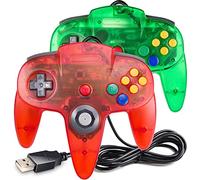 Lot de 2 manettes classiques N64 - Manettes de jeu filaire USB N64 - Manette de jeu filaire USB N64 bits - Pour Windows PC Mac Linux Raspberry Pi 3 Sega Genesis (vert transparent/rouge transparent)