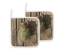 Lot de 2 maniques à cigales vertes résistantes à la chaleur avec boucle de suspension - Décoration d'intérieur pour la cuisine, la cuisson, le barbecue, le four à micro-ondes