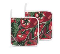 Lot de 2 maniques à motif de tomates rouges résistantes à la chaleur avec boucle de suspension carrées lavables en machine pour cuisine, pâtisserie, barbecue