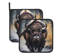 Lot de 2 maniques carrées en forme de bison d'Amérique du Nord - Résistantes à la chaleur - 20,3 x 20,3 cm - Tissus de qualité, anti-brûlures et faciles à nettoyer