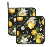 Lot de 2 maniques carrées imprimées citron et fleur - Résistantes à la chaleur pour cuisine, pâtisserie, grillades