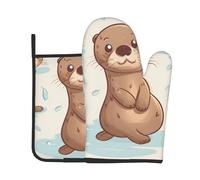 Lot de 2 maniques de cuisine et maniques avec motif loutre mignon de dessin animé, gants de cuisine et dessous de plat isolés pour barbecue, gants, cuisine, pâtisserie, grillades