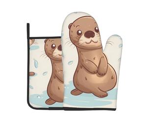 Lot de 2 maniques de cuisine et maniques avec motif loutre mignon de dessin animé, gants de cuisine et dessous de plat isolés pour barbecue, gants, cuisine, pâtisserie, grillades