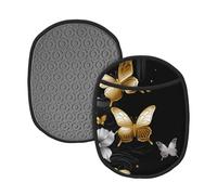 Lot de 2 maniques de cuisine résistantes à la chaleur - Motif papillons dorés et blancs - Noirs - En silicone - Doublure en coton - Pour cuisine, barbecue, micro-ondes