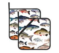 Lot de 2 maniques en coton pour cuisine - Résistantes à la chaleur - Antidérapantes - Avec poche - Gants de barbecue - Différents poissons - 20,3 x 20,3 cm