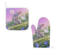 Lot de 2 maniques en coton résistant à la chaleur avec boucles de suspension, motif lapin avec jacinthes des bleuets, gants de cuisine antidérapants pour la cuisine, la pâtisserie, la protection du