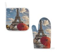 Lot de 2 maniques en coton résistant à la chaleur avec boucles de suspension - Tour Eiffel avec parapluie rouge - Gants de cuisine antidérapants pour la cuisine, la pâtisserie, la protection du