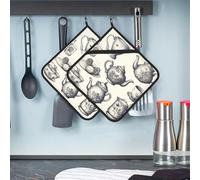 Lot de 2 maniques en coton résistant à la chaleur avec poche - Gants de cuisine antidérapants - Théières et tasses dessinées à la main - Gants de four pour la cuisine, la pâtisserie, le barbecue -