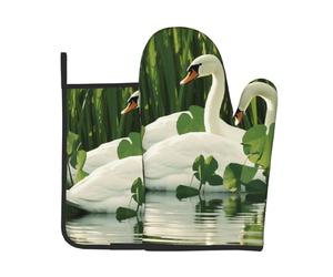 Lot de 2 maniques et maniques décoratives avec imprimé cygne feuilles vertes pour barbecue, gants, cuisine, pâtisserie, grillades