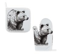 Lot de 2 maniques et maniques en forme d'ours dessinés à la main - Résistants à la chaleur - Antidérapants - Lavables - Pour cuisine, pâtisserie, barbecue