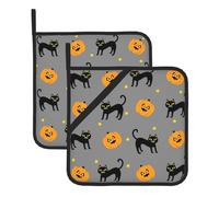 Lot de 2 maniques pour cuisine - Motif chat noir et citrouille - Résistants à la chaleur - Antidérapants - Avec poches