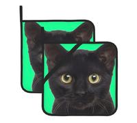 Lot de 2 maniques pour cuisine - Motif chat noir - Résistants à la chaleur - Antidérapants - Avec poches