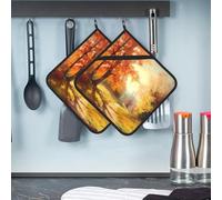 Lot de 2 maniques pour cuisine résistantes à la chaleur - Scène d'automne - Dessous de plat en tissu éponge pour cuisine et pâtisserie
