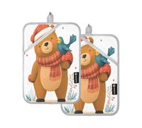 Lot de 2 maniques pour four à micro-ondes - Motif ours marron et petit oiseau bleu - Résistants à la chaleur - Épais et sûrs